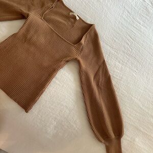 Camel Ribbed Long Sleeve Sweater